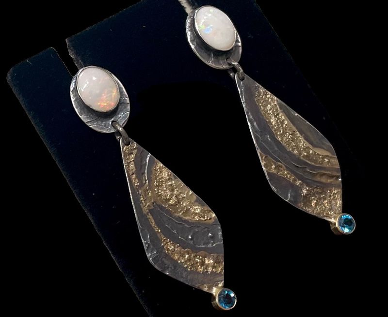Midnight Sun-Earrings, SS, 18K Gold, 14K Gold, Australian Blue Opals, Topaz