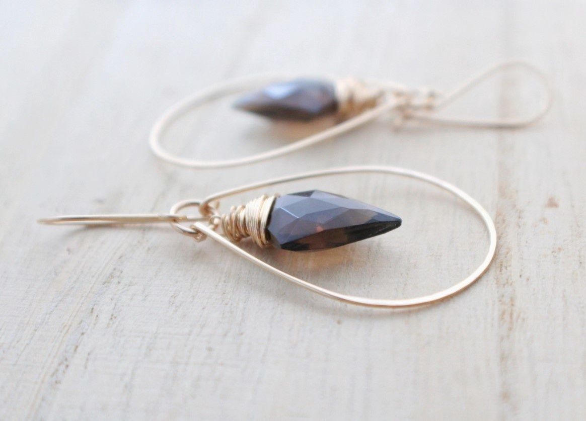 Arrow Hoops - Smokey Quartz Earrings, Material: Gold Fill