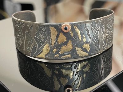 Vitrail- Cuff Bracelet, SS, 18K gold, 14K gold, blue sapphire