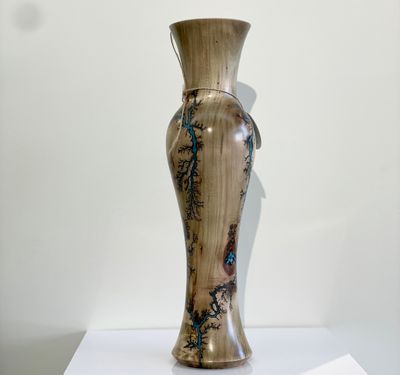 “Vase- 16&quot; Maple and glow Resin by Turned and Burned.”