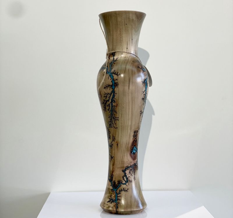 “Vase- 16&quot; Maple and glow Resin by Turned and Burned.”