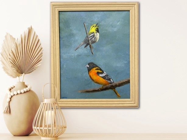 Warbler &amp; Baltimore Oriole birds-Original Painting by Glora Weiss