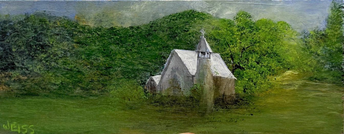 Church in the Woods, 3&quot;X9&quot; Original Mini painting byGloria Weiss
