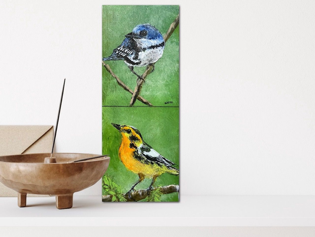 Warbler Birds, 3&quot;X9&quot; Original Mini Painting by Gloria Weiss