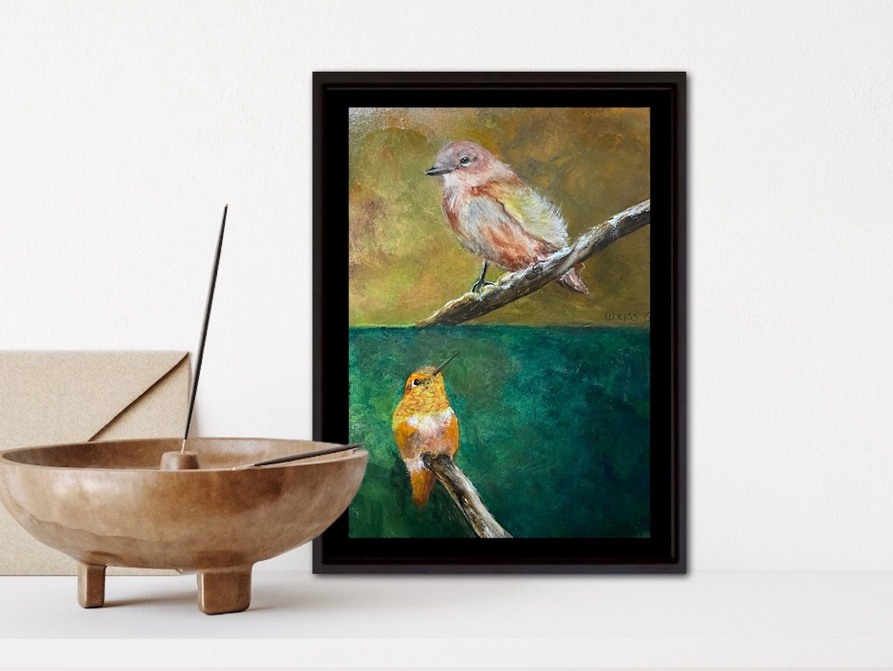 Warbler and Hummingbird- Original Mini Painting by Gloria Weiss