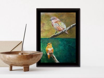 Warbler and Hummingbird- Original Mini Painting by Gloria Weiss