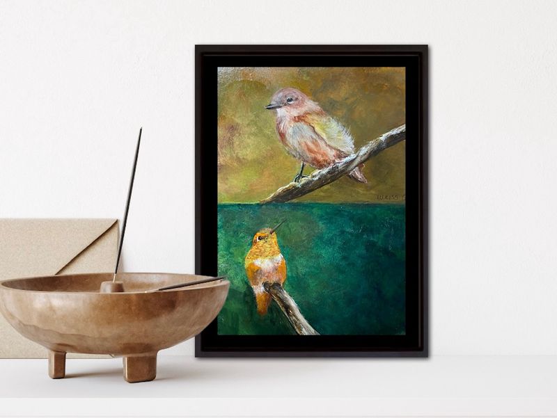 Warbler and Hummingbird- Original Mini Painting by Gloria Weiss