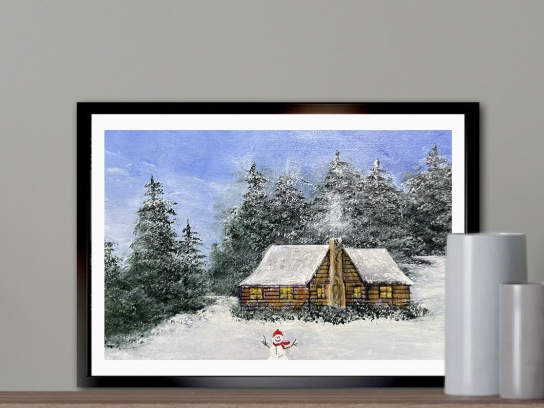 Snowy Cabin With Snowman- Original mini painting by artist Gloria Weiss.
