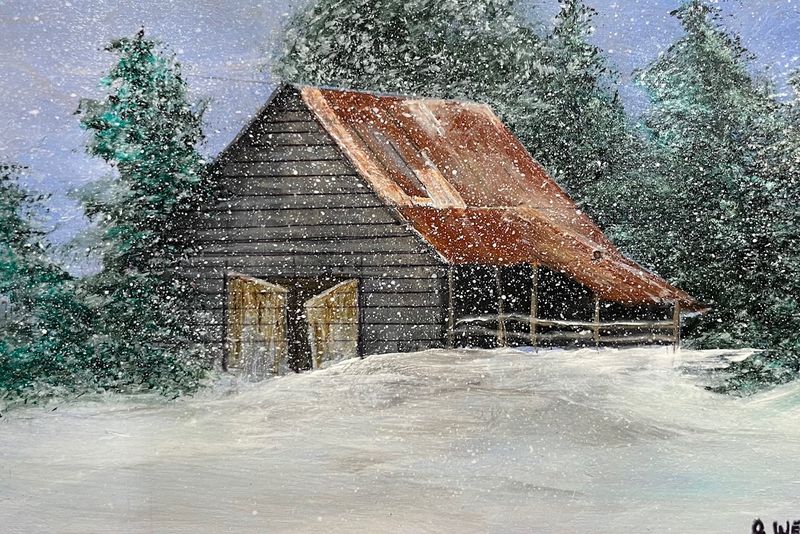Snowy Barn -Original mini painting by artist Gloria Weiss