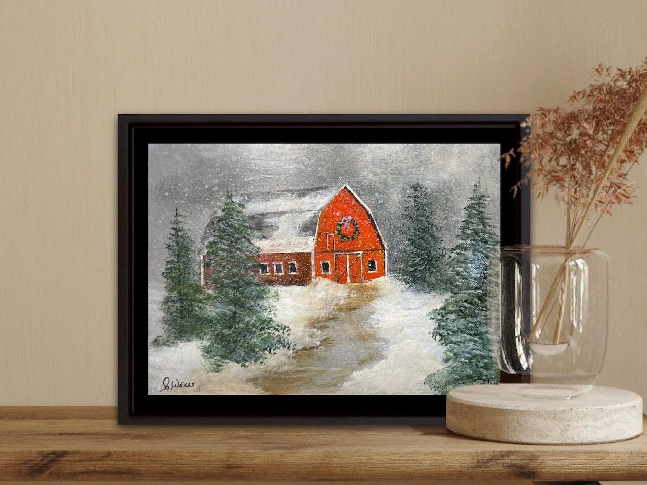 Christmas Barn- Original Mini Painting by Gloria Weiss