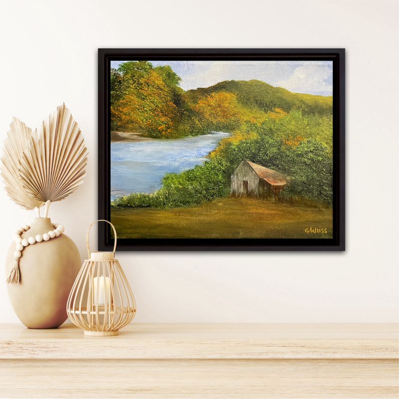 Barn on the river in autumn, Original 8X10" Painting by Gloria Weiss