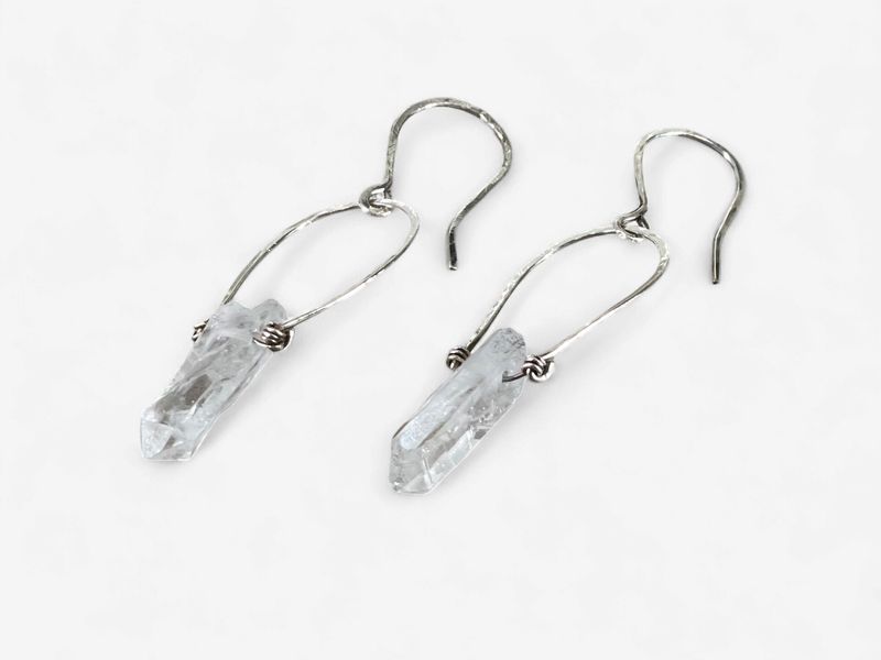 Half loop drop Earrings with Clear Crystal Quartz and /sterling Silver