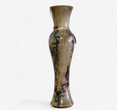 “Vase- 16" Maple and glow Resin by Turned and Burned.”