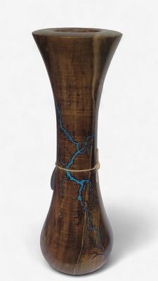 “Vase- 14"Dark Maple and glow Resin by Turned and Burned.”