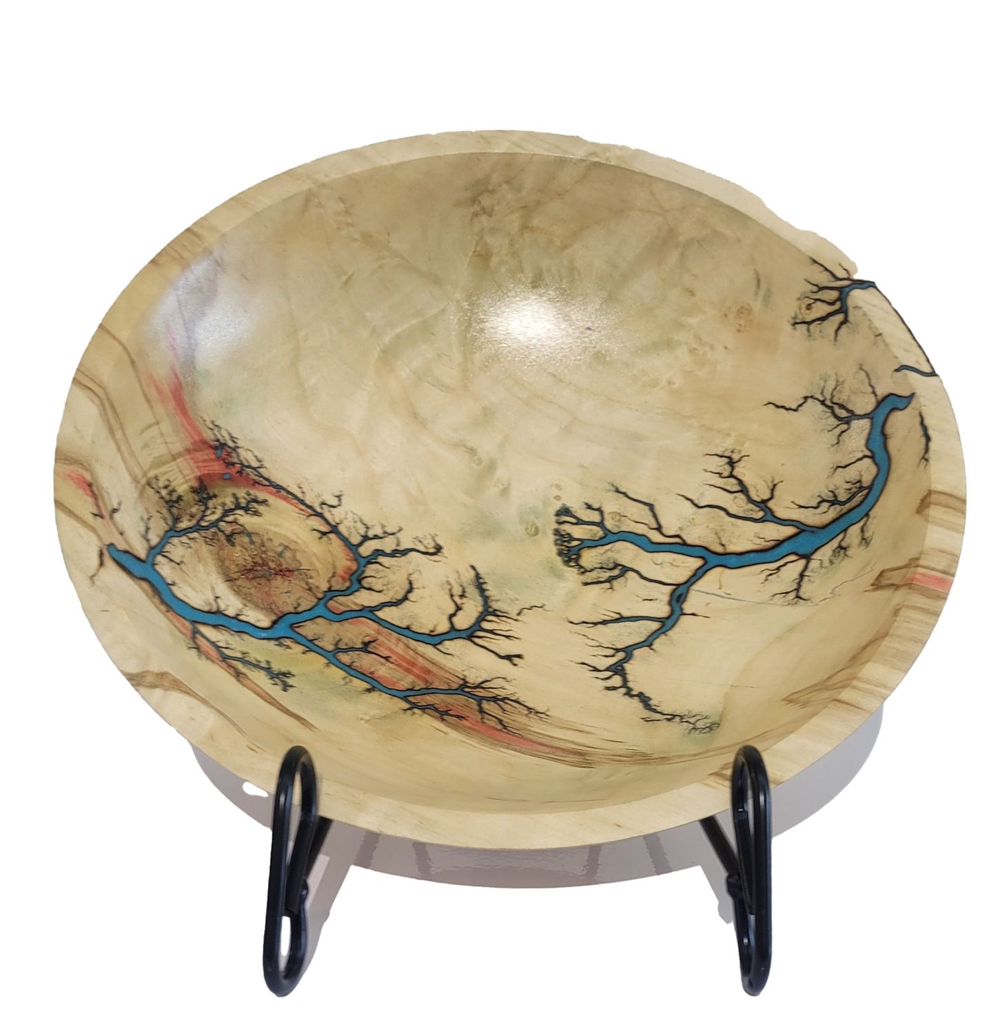 “Bowl- 9.5" Red Maple and glow Resin by Turned and Burned.”