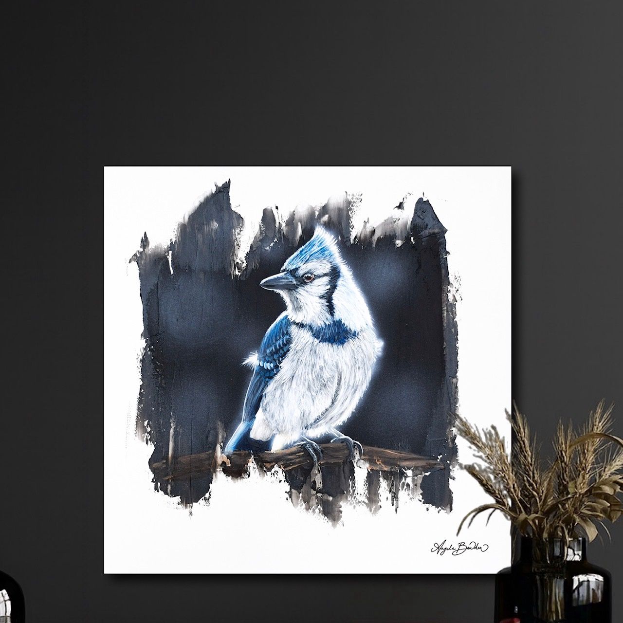 Quiet Perch: Blue Jay-16X16" Giclée Canvas