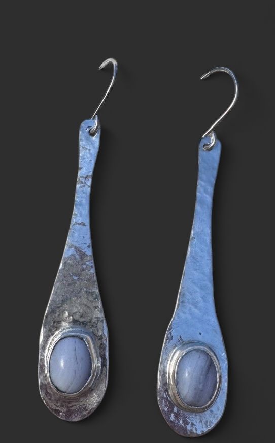 Hammered Sterling Silver and Blue Lace Agate Earrings