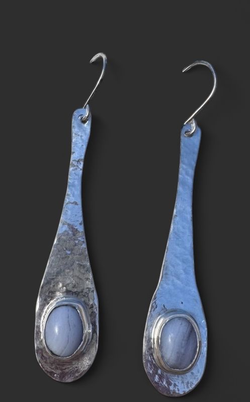Hammered Sterling Silver and Blue Lace Agate Earrings