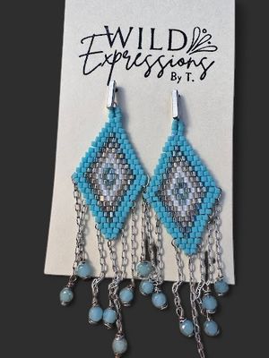 Hand Beaded Fringe Earrings with chains