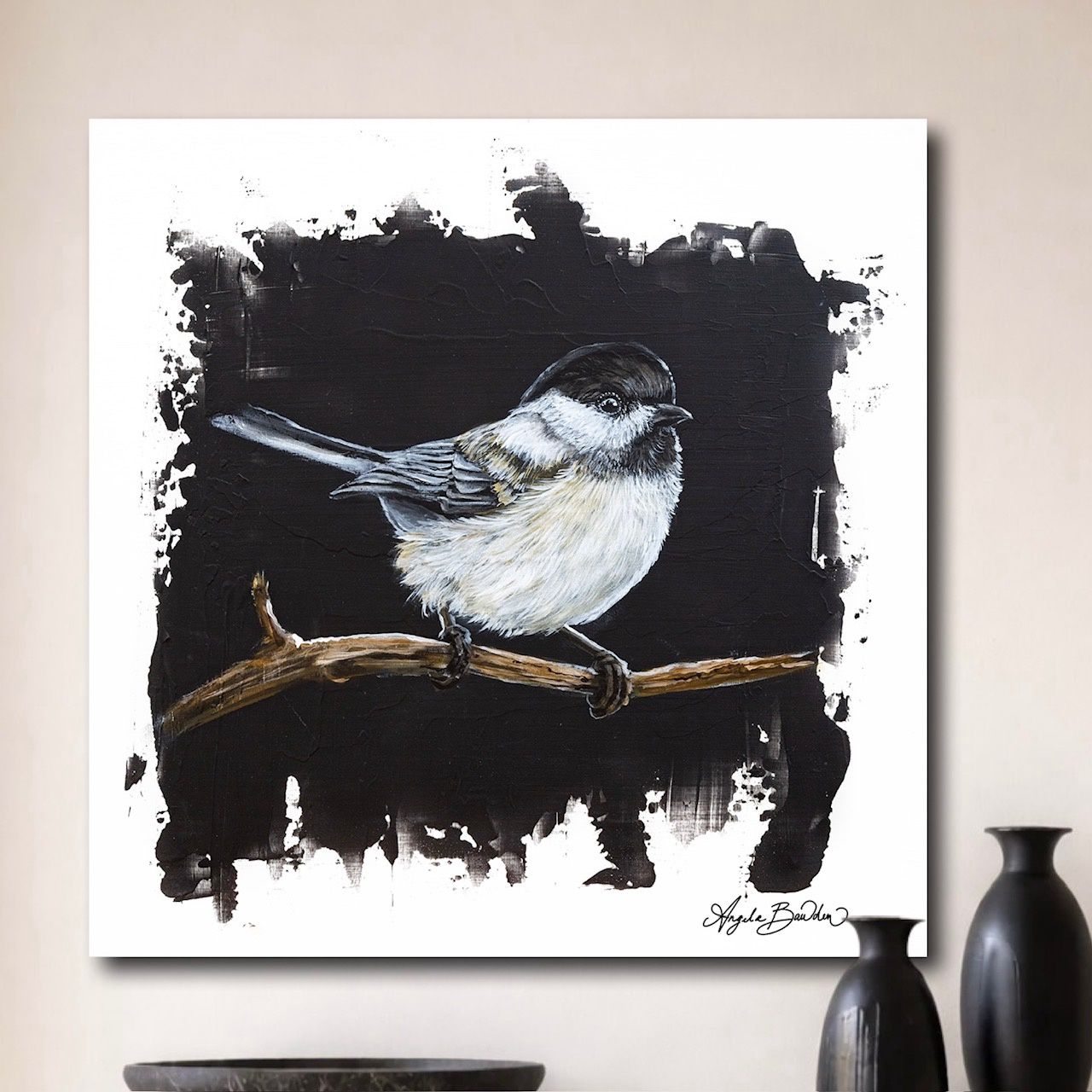 Quiet Perch: Chickadee-16X16" Giclée Canvas