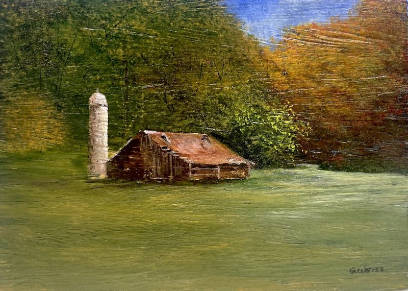 Barn in the Autumn Woods 2- Original Painting by Gloria Weiss-In Jesus Name-Luke 1:37