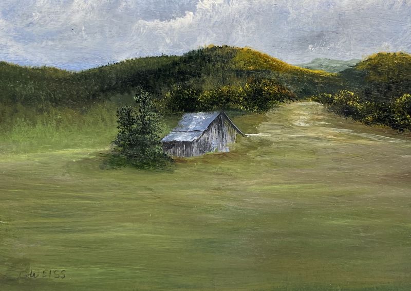 Gray Barn in the Valley-Original Painting by Gloria Weiss-In Jesus Name Luke 1:37”