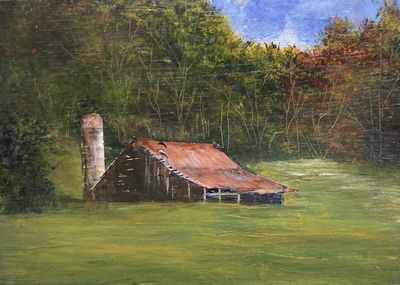 Barn in the woods 1-Original Painting by Gloria Weiss-In Jesus Name Luke 1:37