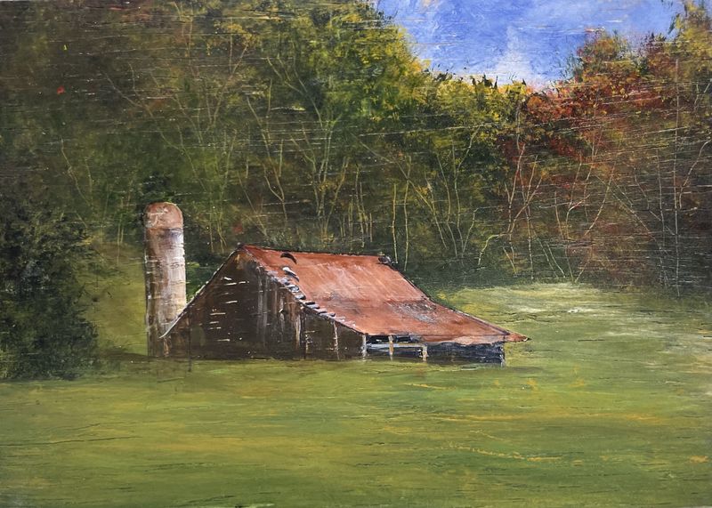 Barn in the woods 1-Original Painting by Gloria Weiss-In Jesus Name Luke 1:37