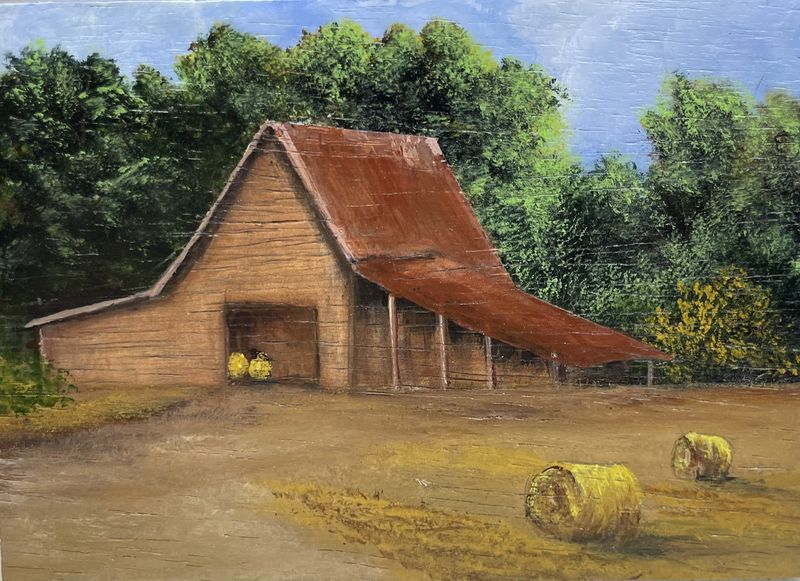 Barn With Hay Bales-Original Painting by Gloria Weiss-In Jesus Name-Luke 1:37