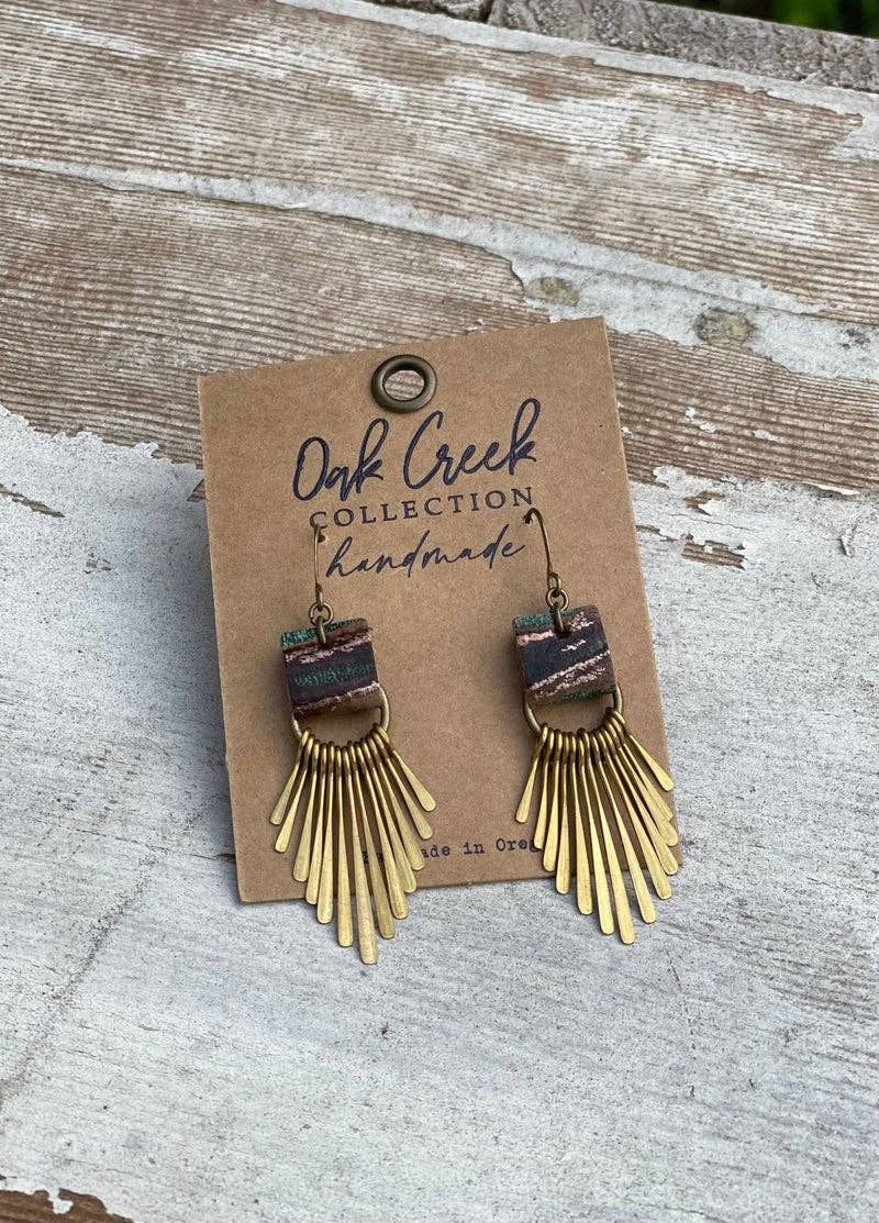 Leather Strap w/Hammered Metal Fringe Earring 2” - 10 Colors, Color: Bronze Striped Western  Embossed Cowhide Leather