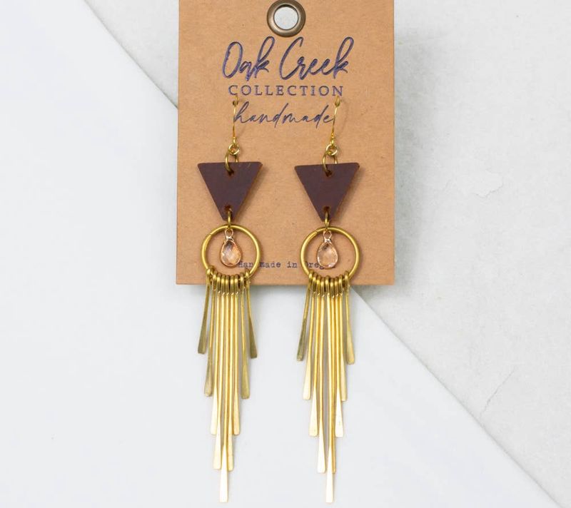 Mini Triangle w/ Long Metal Fringe w/ Glass Teardrop Earrings