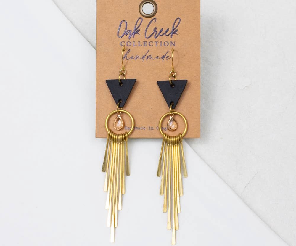 Mini Triangle w/ Long Metal Fringe w/ Glass Teardrop Earrings, Color: Black Leather