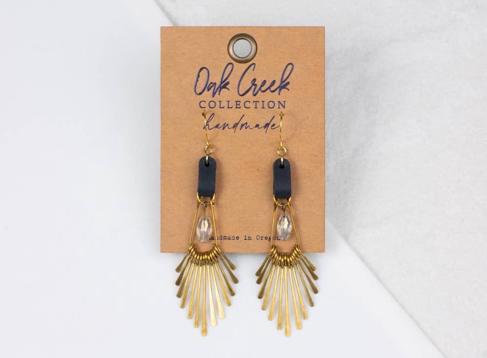 Leather Strap w/ Glass Teardrop/Metal Fringe, Color: Black Leather