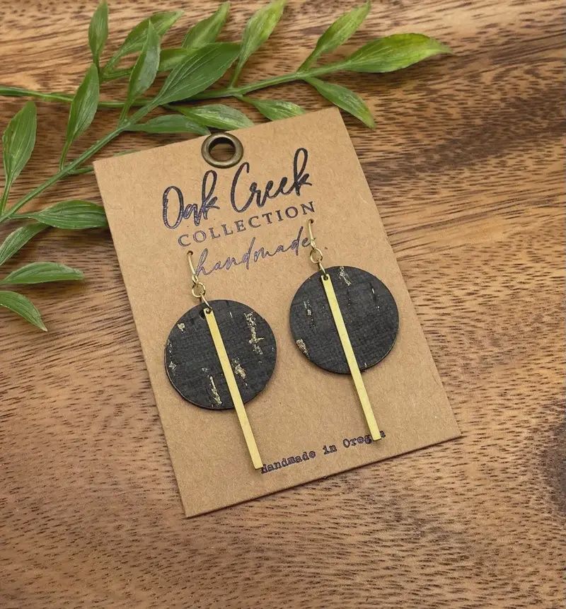 Leather Round w/Gold Bar Earring 1 5/8" - 2 Colors, Color: Black/Gold Fleck Cork on Leather Round  1 5/8" - 14k Gold Plated Ear Hook