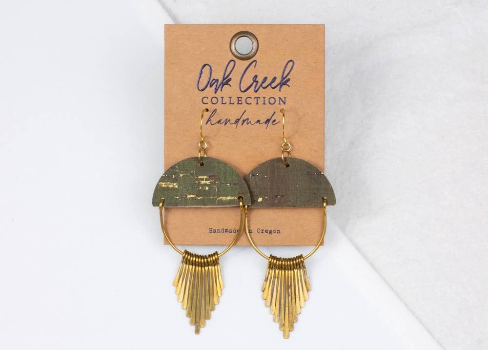 Leather Semi Brass Arch w/ Metal Fringe Earrings, Color: Green Cork w/ Gold Fleck