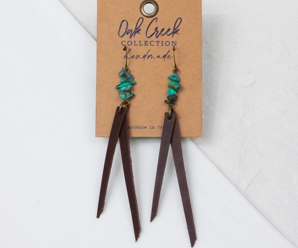 Turquoise Bead Stack w/ Aged Brandy Leather Fringe Earrings