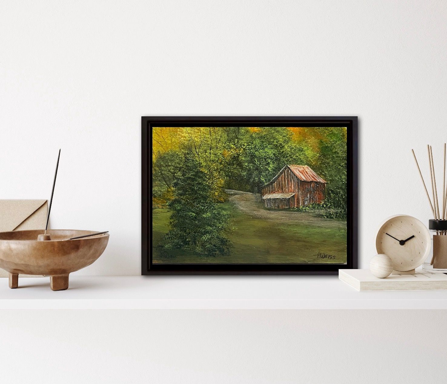 Red Barn in the woods 3-Original Painting by Gloria Weiss-In Jesus Name Luke 1:37