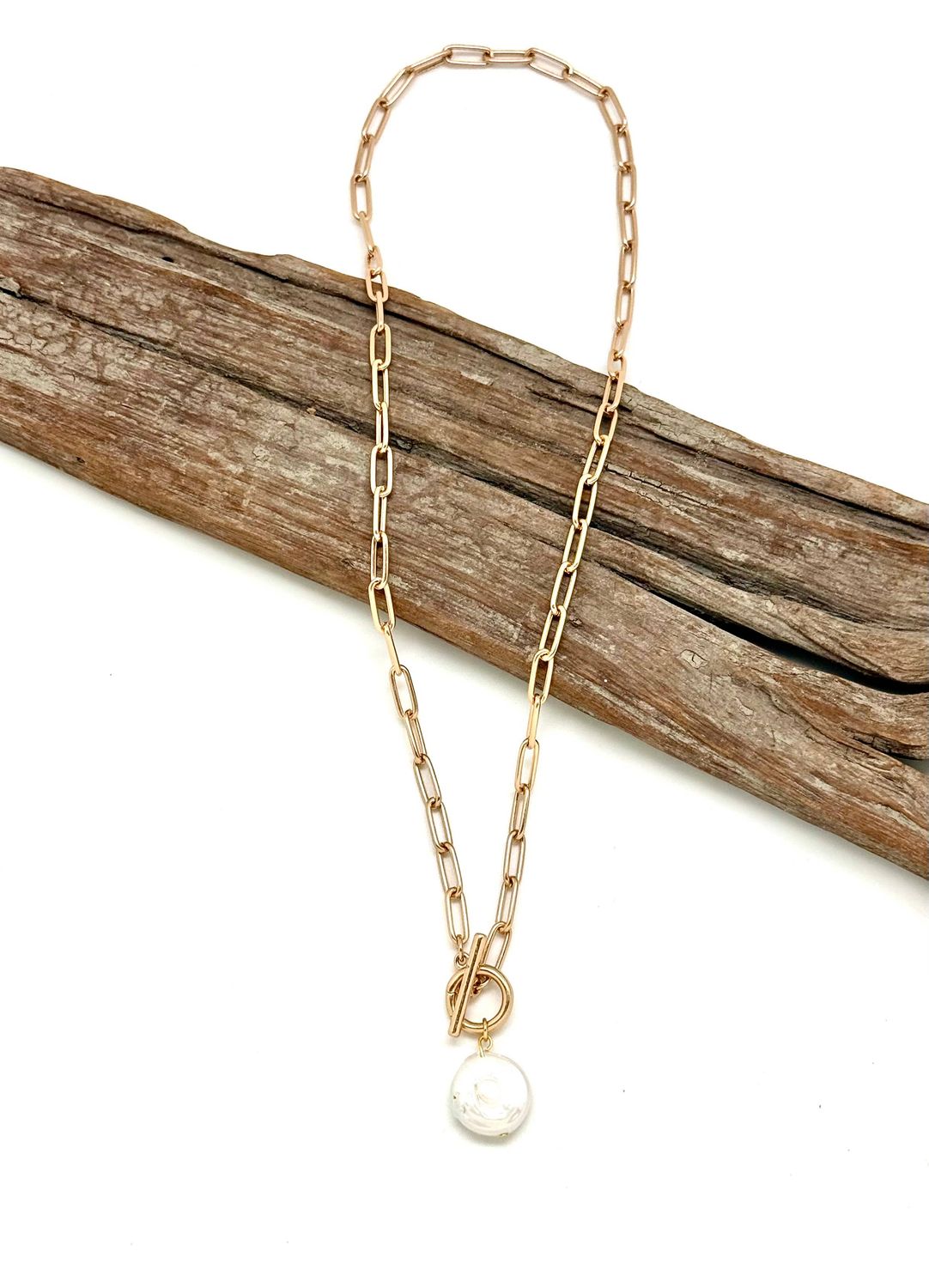 Necklace Matte Gold Paper Clip Chain/Freshwater PearlCoin18”
