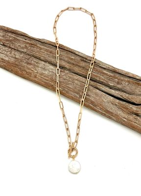 Necklace Matte Gold Paper Clip Chain/Freshwater PearlCoin18”