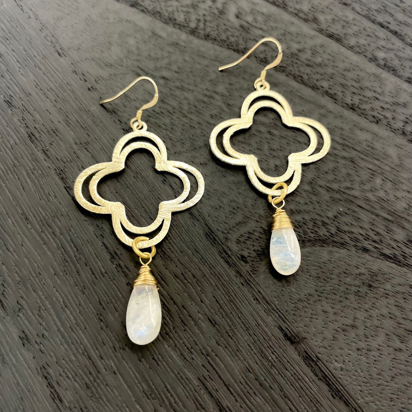 Joy Earrings with crystal drop, Finish: Brushed Gold/Gold Fill Ear Wires, Stone: Double Clover Moonstone 2.6"