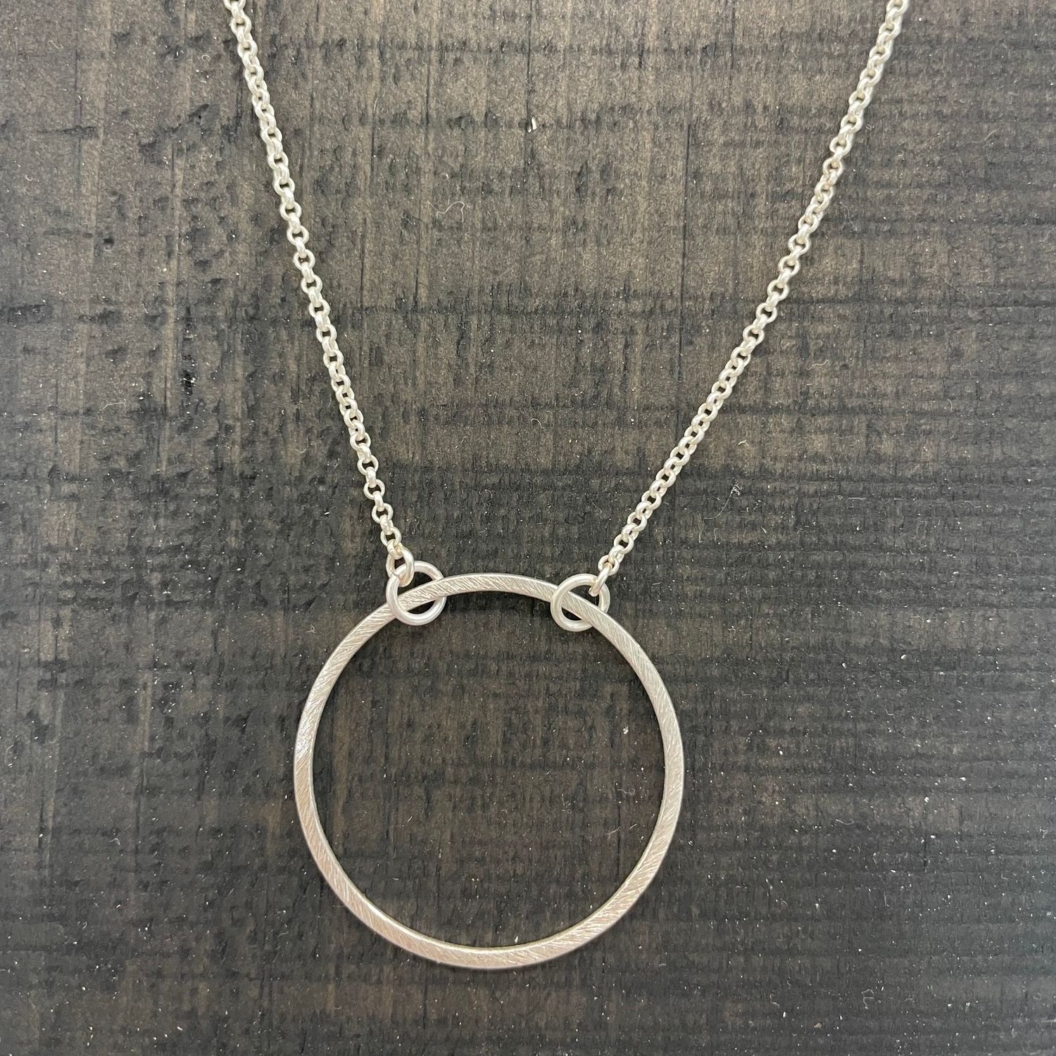 Circle Necklace Matte Silver w/delicate Rolo Chain