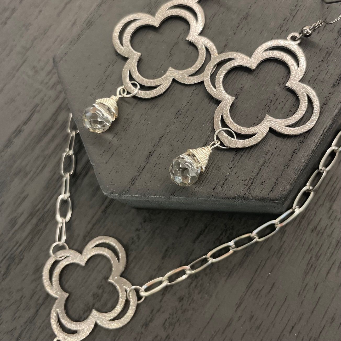Chance Earrings-Double Clover Crystal Drop, Crystal: Smokey Crystal, Finish: Brushed Gunmetal finish