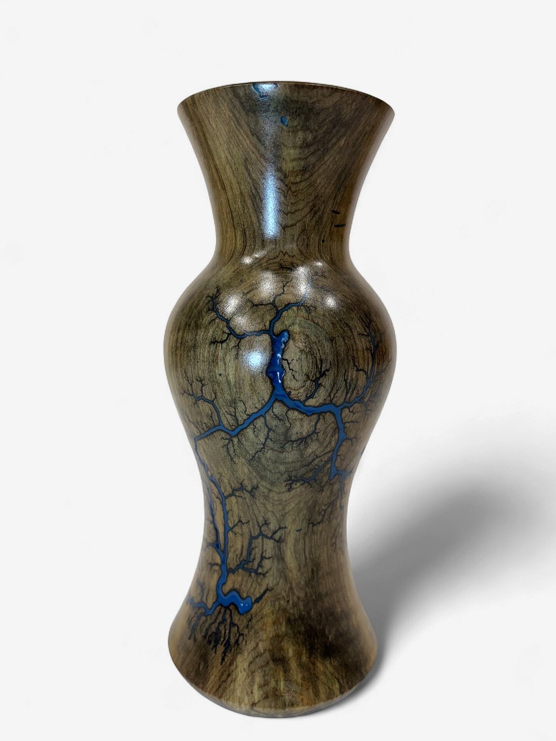 10.25” Magnolia vase with glow in the dark resin by Turned and burned.