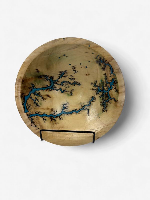 “ 7.5" Shallow Maple and glow Resin by Turned and Burned.”