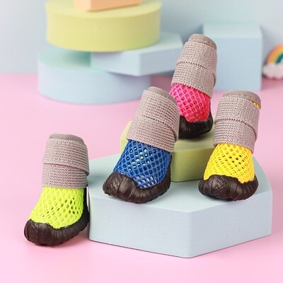 Pet Small Dog Shoes Spring And Summer Hollow Breathable Elastic Soft Adhesive Shoes Wear-resistant 4 Soft Sole Non-slip