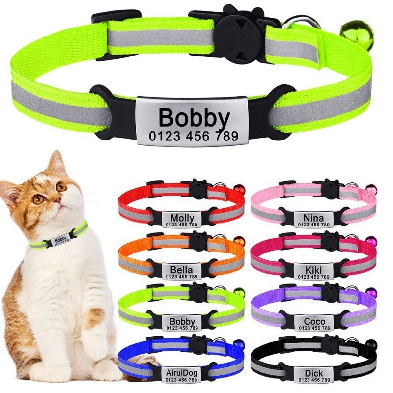 Dog Collar Pet Free Engraving Cute Cat Anti-loss Cat Collar Collar Reflective Nylon Buckle Delivery, Color: Purple-reflective model a, Purity: Collar + anti-loss nameplate
