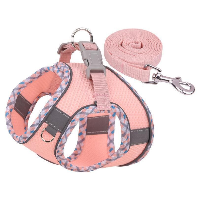 New Pet Harness Reflective Plaid Edge Dog Leash Small And Medium-sized Vest-style Dog Leash, Color: Pink with plaid edge, Specifications (length*width): Xxs neck circumference 24-30bust 30-35 traction rope 150*1.5
