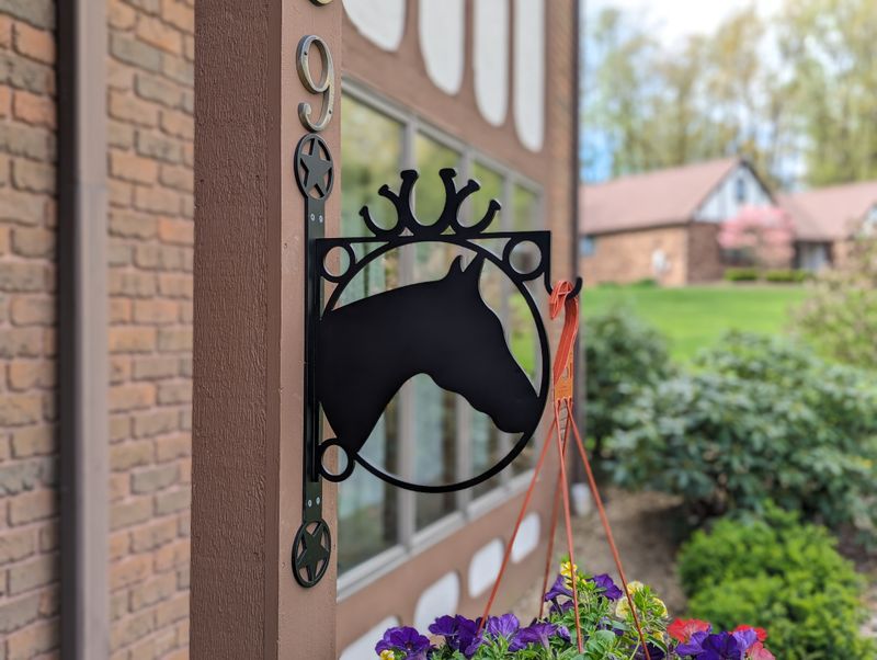Heavy Duty Indoor/Outdoor Decorative Plant Hanger, Large Centerpiece with Horse with Horseshoes and Star Mounting Bracket