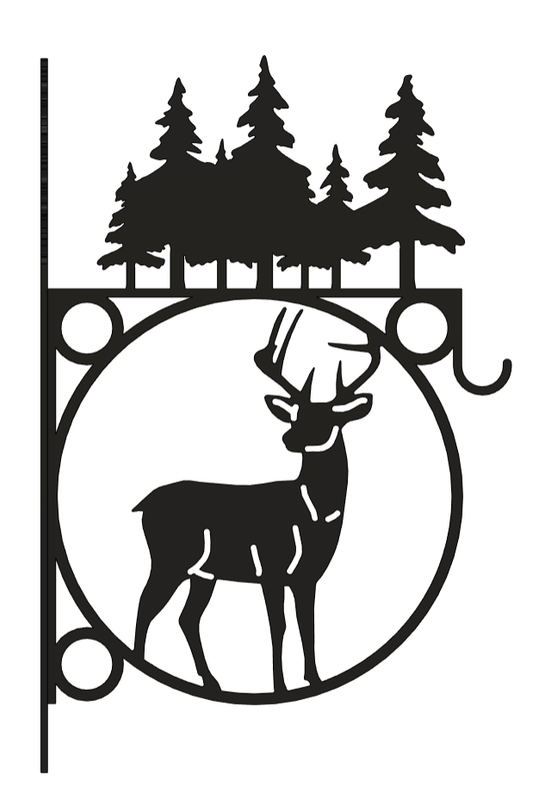 Heavy Duty Indoor/Outdoor Decorative Plant Hanger, Large Centerpiece with Deer with Pine Trees Topper and Pine Tree Mounting Bracket