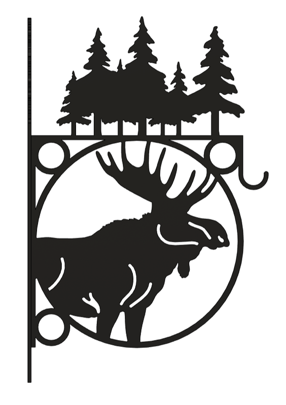Heavy Duty Indoor/Outdoor Decorative Plant Hanger, Large Centerpiece with Moose with Pine Trees Topper and Pine Tree Mounting Bracket